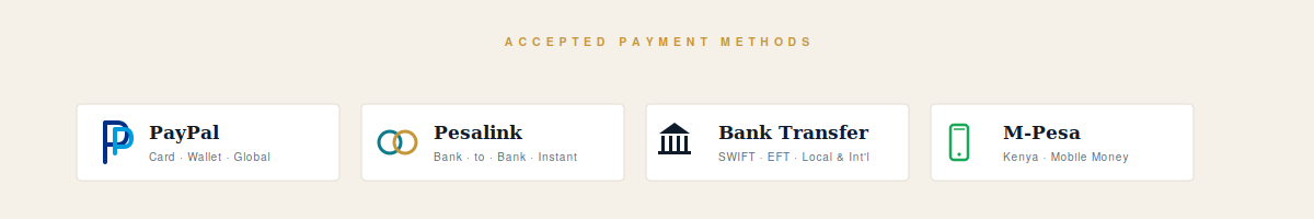 PayPal · Pesalink · Bank Transfer · M-Pesa